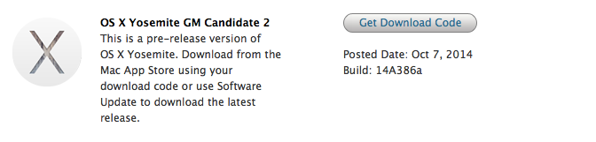 Apple Seeds Mac OS X 10.10 Yosemite GM Candidate 2